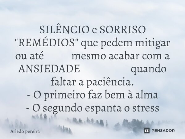 SILÊNCIO e SORRISO "REMÉDIOS" que pedem mitigar ou até mesmo acabar com a ANSIEDADE quando faltar a paciência. - O primeiro faz bem à alma - O segundo... Frase de Arledo Pereira.