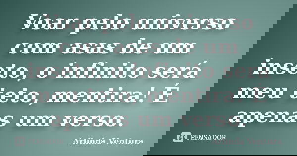Voar pelo universo com asas de um inseto, o infinito será meu teto, mentira! É apenas um verso.... Frase de Arlinda Ventura.