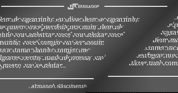 Bem de vagarinho, eu disse bem se vagarinho, é que quero você perfeita pra mim, bem de vagarinho vou adestrar você, vou deixar você bem mansinha, você comigo va... Frase de Armando Nascimento.
