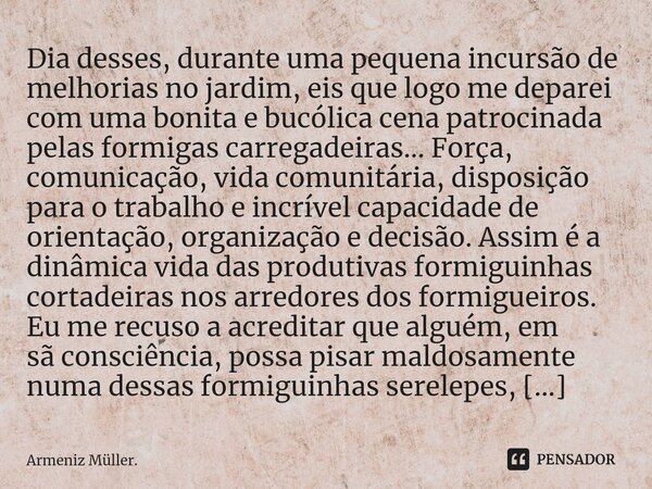 ⁠Formiguinhas serelepes!... Dia desses, durante uma pequena incursão de melhorias no jardim, eis que logo me deparei com uma bonita e bucólica cena patrocinada ... Frase de Armeniz Müller..