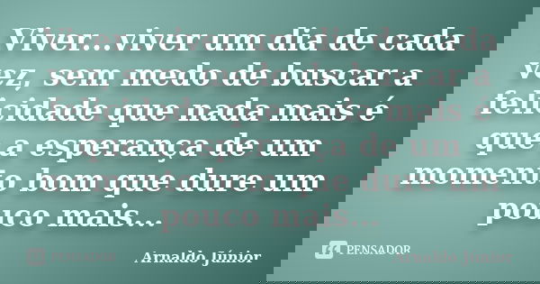 Viver...viver um dia de cada vez, sem medo de buscar a felicidade que nada mais é que a esperança de um momento bom que dure um pouco mais...... Frase de Arnaldo Júnior.