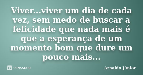 Viver...viver um dia de cada vez, sem medo de buscar a felicidade que nada mais é que a esperança de um momento bom que dure um pouco mais...... Frase de Arnaldo Júnior.