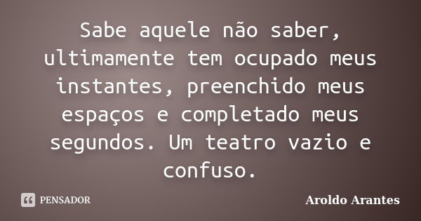 Sabe aquele não saber, ultimamente tem ocupado meus instantes, preenchido meus espaços e completado meus segundos. Um teatro vazio e confuso.... Frase de Aroldo Arantes.