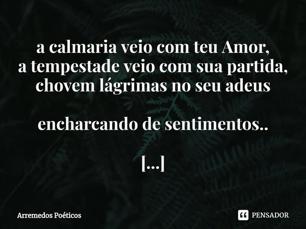 ⁠a calmaria veio com teu Amor,
a tempestade veio com sua partida,
chovem lágrimas no seu adeus encharcando de sentimentos.. [...]... Frase de Arremedos Poéticos.