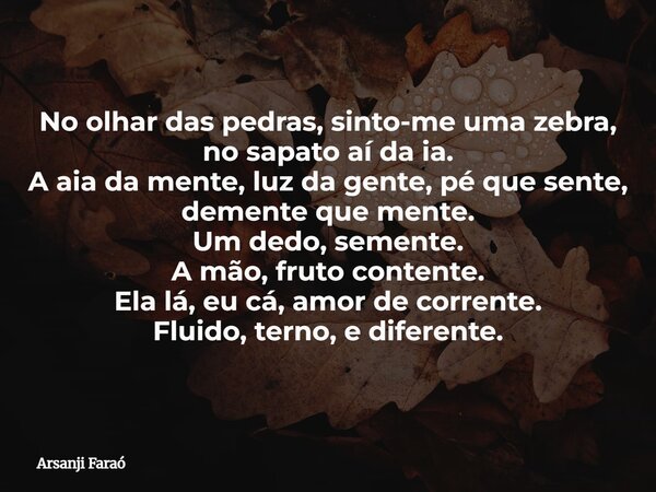 No olhar das pedras, sinto-me uma zebra, no sapato aí da ia. A aia da mente, luz da gente, pé que sente, demente que mente. Um dedo, semente. A mão, fruto conte... Frase de Arsanji Faraó.