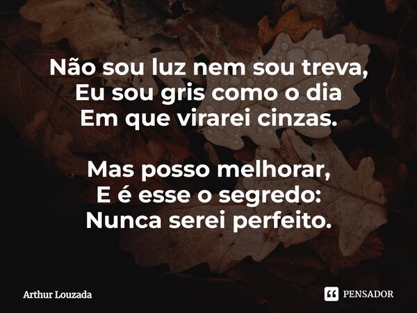 ⁠Não sou luz nem sou treva, Eu sou gris como o dia Em que virarei cinzas. Mas posso melhorar, E é esse o segredo: Nunca serei perfeito.... Frase de Arthur Louzada.