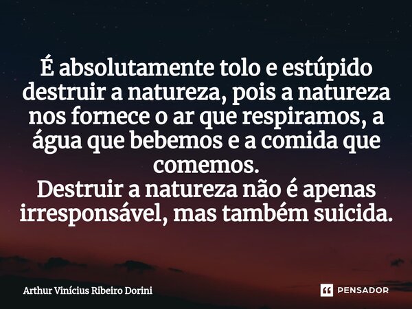 ⁠É absolutamente tolo e estúpido destruir a natureza, pois a natureza nos fornece o ar que respiramos, a água que bebemos e a comida que comemos. Destruir a nat... Frase de Arthur Vinícius Ribeiro Dorini.