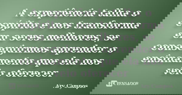 A experiência talha o espírito e nos transforma em seres melhores, se conseguirmos aprender o ensinamento que ela nos veio oferecer... Frase de Ary Campos.