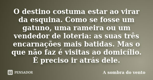 O destino costuma estar ao virar da esquina. Como se fosse um gatuno, uma rameira ou um vendedor de loteria: as suas três encarnações mais batidas. Mas o que nã... Frase de A sombra do vento.