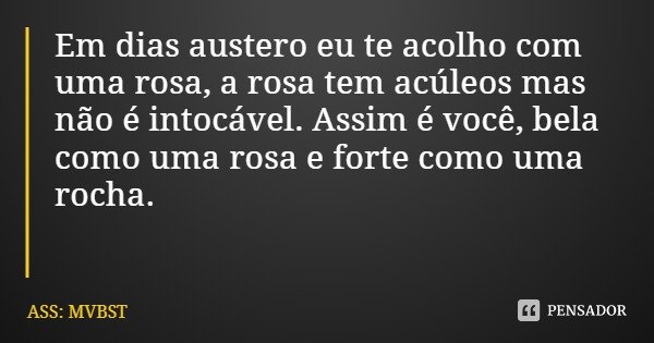Em dias austero eu te acolho com uma rosa, a rosa tem acúleos mas não é intocável. Assim é você, bela como uma rosa e forte como uma rocha.... Frase de ASS: MVBST.