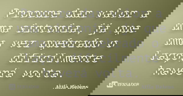 Procure dar valor a uma sintonia, já que uma vez quebrado o laço, dificilmente haverá volta.... Frase de Átila Belens.