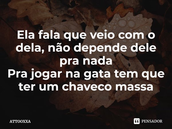 ⁠Ela fala que veio com o dela, não depende dele pra nada
Pra jogar na gata tem que ter um chaveco massa... Frase de ATTOOXXA.