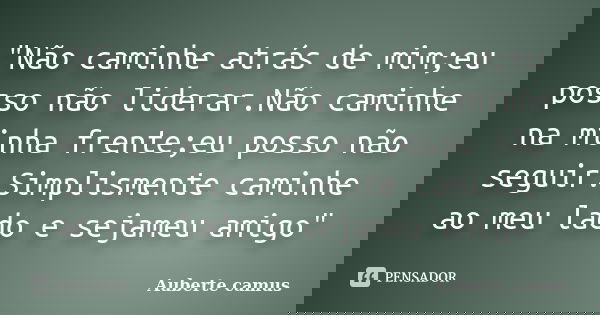 "Não caminhe atrás de mim;eu posso não liderar.Não caminhe na minha frente;eu posso não seguir.Simplismente caminhe ao meu lado e sejameu amigo"... Frase de Auberte camus.