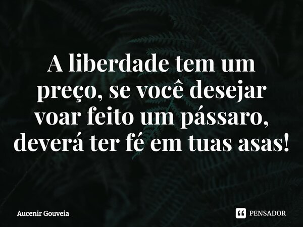 ⁠A liberdade tem um preço, se você desejar voar feito um pássaro, deverá ter fé em tuas asas!... Frase de Aucenir Gouveia.