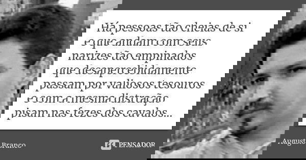 Há pessoas tão cheias de si e que andam com seus narizes tão empinados que desapercebidamente passam por valiosos tesouros e com a mesma distração pisam nas fez... Frase de Augusto Branco.