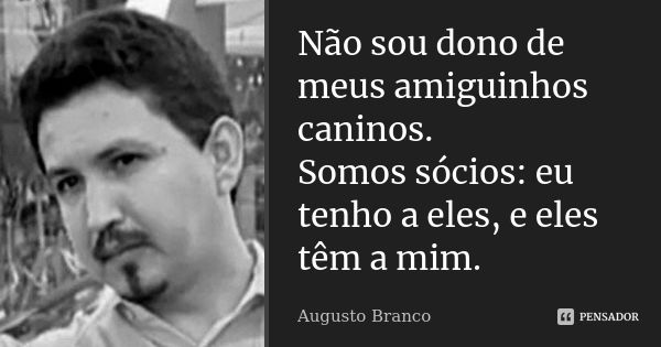 Não sou dono de meus amiguinhos caninos. Somos sócios: eu tenho a eles, e eles têm a mim.... Frase de Augusto Branco.