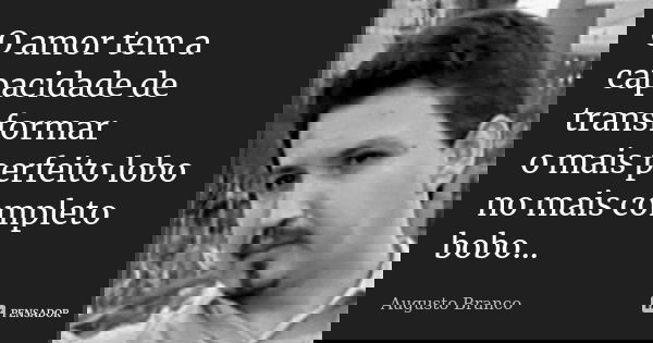 O amor tem a capacidade de transformar o mais perfeito lobo no mais completo bobo...... Frase de Augusto Branco.