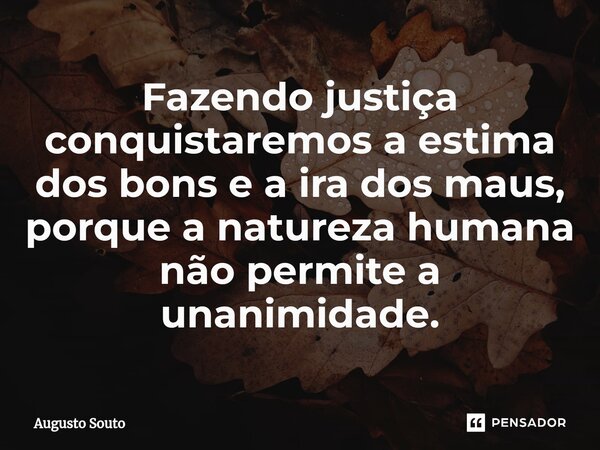 Fazendo justiça conquistaremos a estima dos bons e a ira dos maus, porque a natureza humana não permite a unanimidade.... Frase de Augusto Souto.