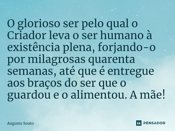 ⁠O glorioso ser pelo qual o Criador leva o ser humano à existência plena, forjando-o por milagrosas quarenta semanas, até que é entregue aos braços do ser que o... Frase de Augusto Souto.