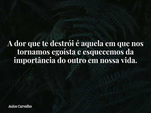 A dor que te destrói é aquela em que nos tornamos egoísta e esquecemos da importância do outro em nossa vida.... Frase de Aulos Carvalho.