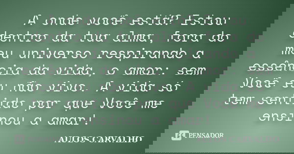 A onde você está? Estou dentro da tua alma, fora do meu universo respirando a essência da vida, o amor: sem Você eu não vivo. A vida só tem sentido por que Você... Frase de Aulos carvalho.
