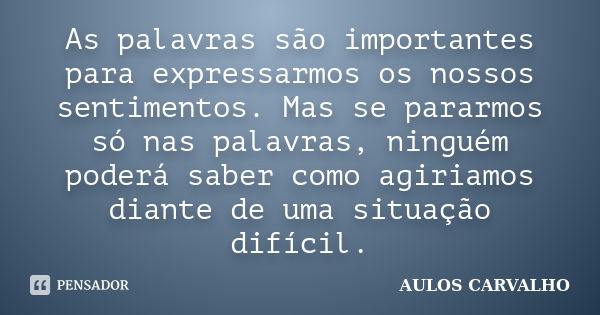 As palavras são importantes para expressarmos os nossos sentimentos. Mas se pararmos só nas palavras, ninguém poderá saber como agiriamos diante de uma situação... Frase de Aulos carvalho.