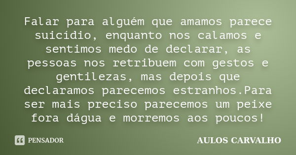 Falar para alguém que amamos parece suicídio, enquanto nos calamos e sentimos medo de declarar, as pessoas nos retribuem com gestos e gentilezas, mas depois que... Frase de Aulos carvalho.