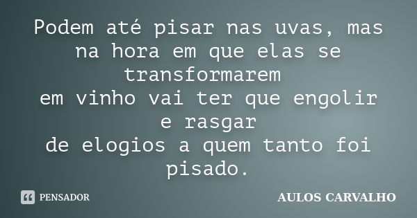 Podem até pisar nas uvas, mas na hora em que elas se transformarem em vinho vai ter que engolir e rasgar de elogios a quem tanto foi pisado.... Frase de Aulos Carvalho.