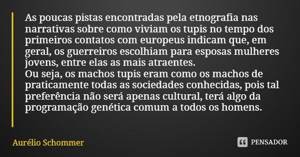 As poucas pistas encontradas pela etnografia nas narrativas sobre como viviam os tupis no tempo dos primeiros contatos com europeus indicam que, em geral, os gu... Frase de Aurélio Schommer.