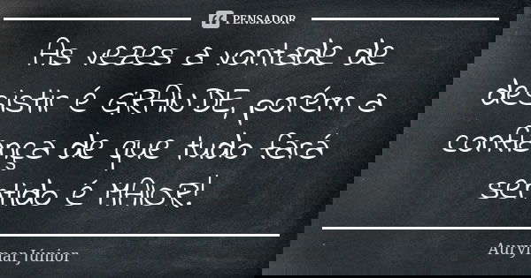 As vezes a vontade de desistir é GRANDE, porém a confiança de que tudo fará sentido é MAIOR!... Frase de Aurymar Júnior.