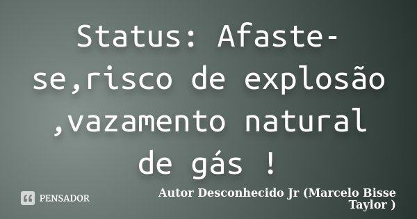 Status: Afaste-se,risco de explosão ,vazamento natural de gás !... Frase de Autor Desconhecido Jr (Marcelo Bisse Taylor).