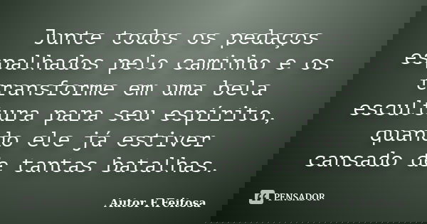 Junte todos os pedaços espalhados pelo caminho e os transforme em uma bela escultura para seu espírito, quando ele já estiver cansado de tantas batalhas.... Frase de Autor F.Feitosa.