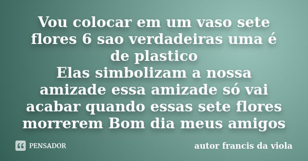 Vou colocar em um vaso sete flores 6 sao verdadeiras uma é de plastico Elas simbolizam a nossa amizade essa amizade só vai acabar quando essas sete flores morre... Frase de autor: francis da viola.