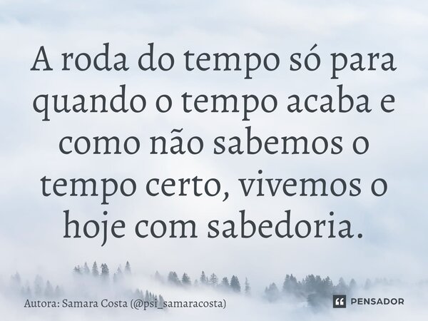 ⁠A roda do tempo só para quando o tempo acaba e como não sabemos o tempo certo, vivemos o hoje com sabedoria.... Frase de Autora: Samara Costa (psi_samaracosta).