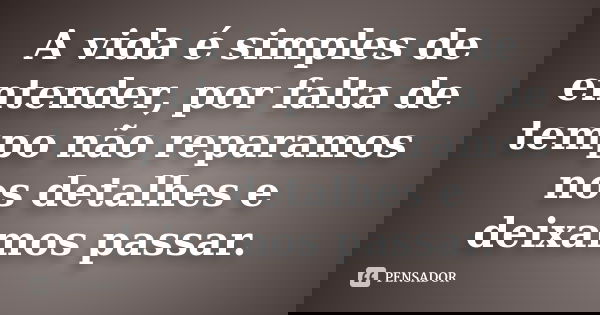 A vida é simples de entender, por falta de tempo não reparamos nos detalhes e deixamos passar.