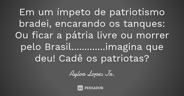 Em um ímpeto de patriotismo bradei, encarando os tanques: Ou ficar a pátria livre ou morrer pelo Brasil.............imagina que deu! Cadê os patriotas?... Frase de Aylor Lopes Jr..