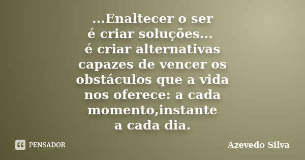 ...Enaltecer o ser é criar soluções... é criar alternativas capazes de vencer os obstáculos que a vida nos oferece: a cada momento,instante a cada dia.... Frase de Azevedo Silva.