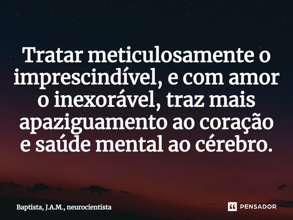 ⁠Tratar meticulosamente o imprescindível, e com amor o inexorável, traz mais apaziguamento ao coração e saúde mental ao cérebro.... Frase de BAPTISTA, J.A.M., neurocientista.