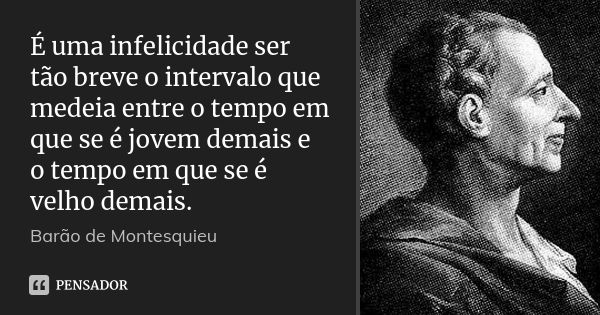 É uma infelicidade ser tão breve o intervalo que medeia entre o tempo em que se é jovem demais e o tempo em que se é velho demais.... Frase de Barão de Montesquieu.