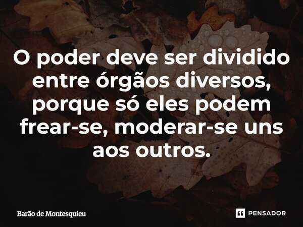 ⁠"O PODER DEVE SER DIVIDIDO entre órgãos diversos, porque só eles podem frear-se, moderar-se uns aos outros"... Frase de Barão de Montesquieu.
