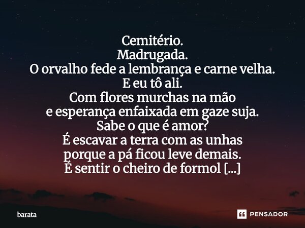 Cemitério. Madrugada. O orvalho fede a lembrança e carne velha. E eu tô ali. Com flores murchas na mão e esperança enfaixada em gaze suja. Sabe o que é amor? É... Frase de barata.