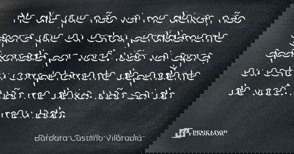Me diz que não vai me deixar, não agora que eu estou perdidamente apaixonada por você. Não vai agora, eu estou completamente dependente de você. Não me deixa. N... Frase de Bárbara Castilho Vilarubia.