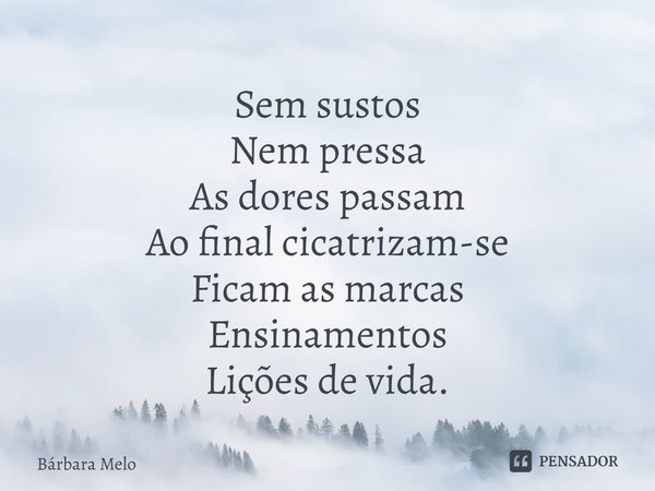 ⁠Sem sustos
Nem pressa
As dores passam
Ao final cicatrizam-se
Ficam as marcas
Ensinamentos
Lições de vida.... Frase de Bárbara Melo.