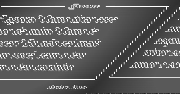 E agora? Como tirar esse amor de mim? Como te esquecer? Eu não sei mais viver sem você, sem o teu amor e sem o teu carinho.... Frase de Barbara Nunes.