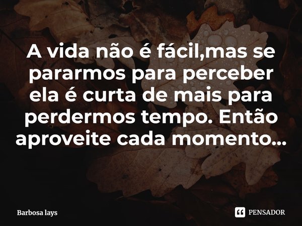 A vida não é fácil,mas se pararmos para perceber ela é curta de mais para perdermos tempo. Então aproveite cada momento...... Frase de Barbosa lays.