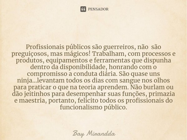 ⁠ Profissionais públicos são guerreiros, não são preguiçosos, mas mágicos! Trabalham, com processos e produtos, equipamentos e ferramentas que dispunha dentro d... Frase de Bay Mirandda.