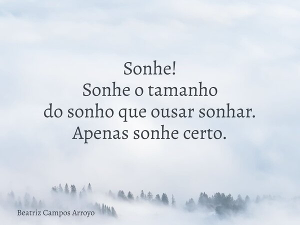 Sonhe! Sonhe o tamanho do sonho que ousar sonhar. Apenas sonhe certo.... Frase de Beatriz Campos Arroyo.
