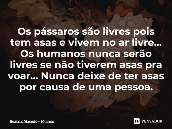 ⁠Os pássaros são livres pois tem asas e vivem no ar livre... Os humanos nunca serão livres se não tiverem asas pra voar... Nunca deixe de ter asas por causa de ... Frase de Beatriz Macedo- 10 anos.