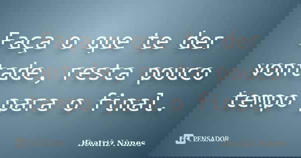 Faça o que te der vontade, resta pouco tempo para o final.... Frase de Beatriz Nunes.