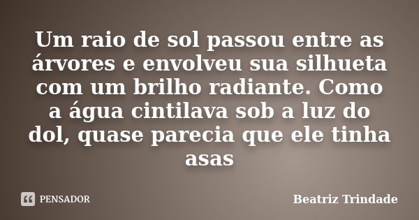 Um raio de sol passou entre as árvores e envolveu sua silhueta com um brilho radiante. Como a água cintilava sob a luz do dol, quase parecia que ele tinha asas... Frase de Beatriz Trindade.